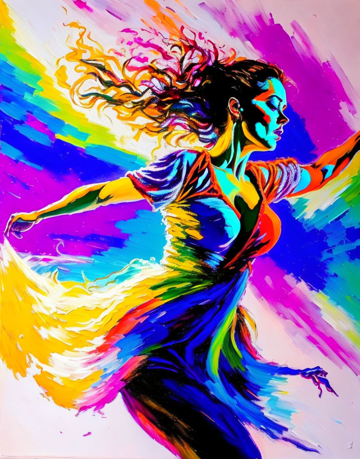 Colorful painting of woman dancing with flowing hair and dress