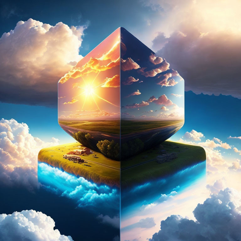 Surreal landscape with floating cubic earth and sky depicting various times of day