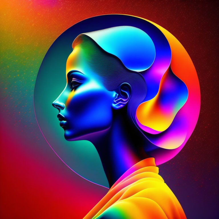 Colorful digital artwork: Woman in profile with neon palette & abstract rainbow shapes.