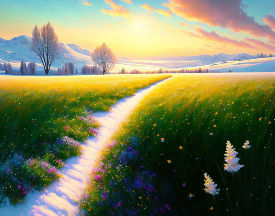 Snow-covered path through colorful meadow to distant mountains