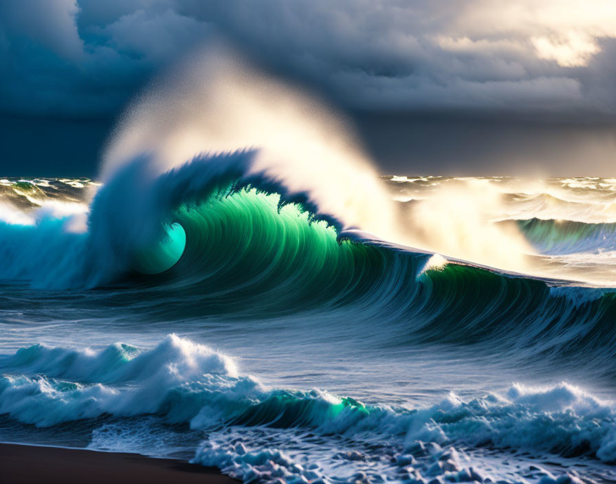 Ocean Wave Curling with Spray Against Moody Skies and Sunlight