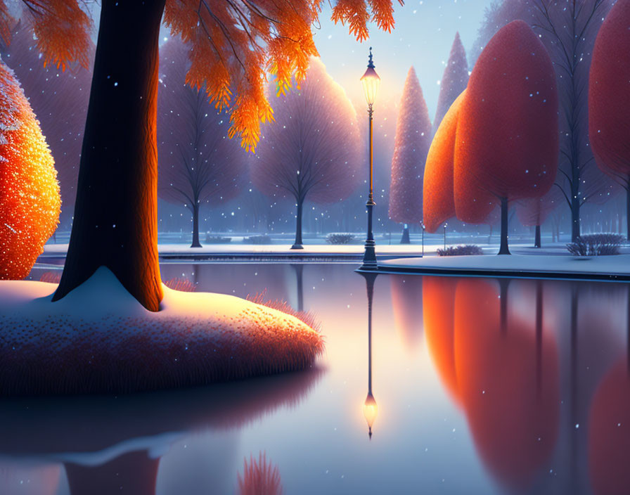 Tranquil winter landscape with orange trees, street lamp reflection, and falling snow