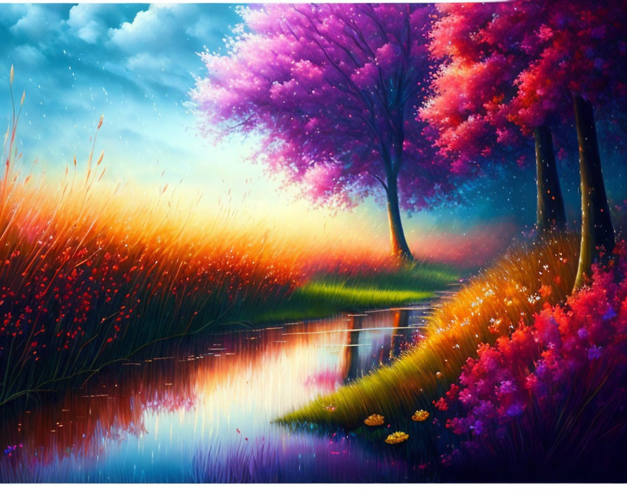 Colorful Landscape Painting with Stream and Lush Foliage