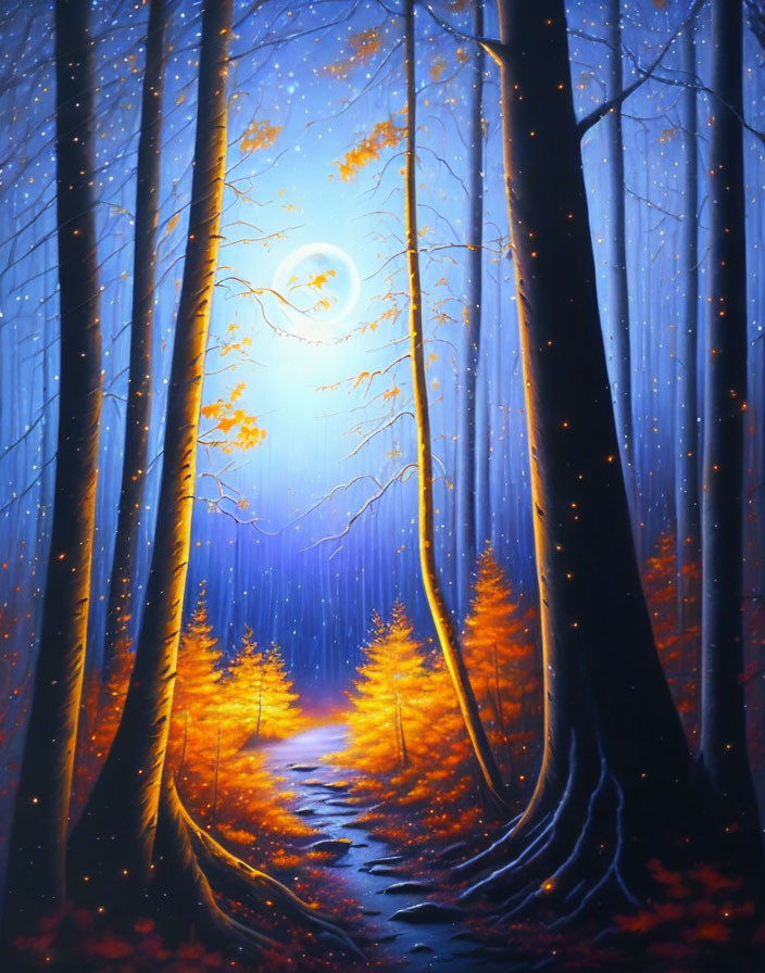 Night forest painting: Full moon, glowing trees, fireflies in blue ambiance