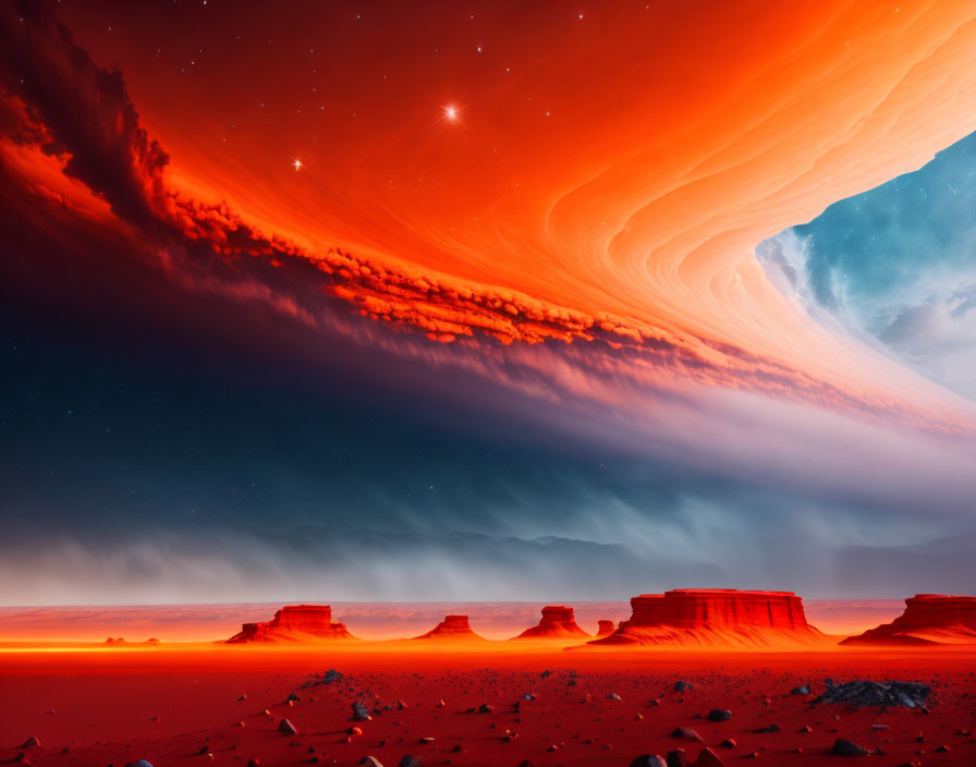 Red-hued Martian-like buttes under swirling orange clouds and starry night sky