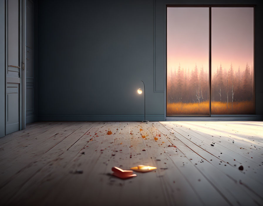 Empty room at dusk with floor lamp, forest view through glass door, autumn leaves on wooden floor