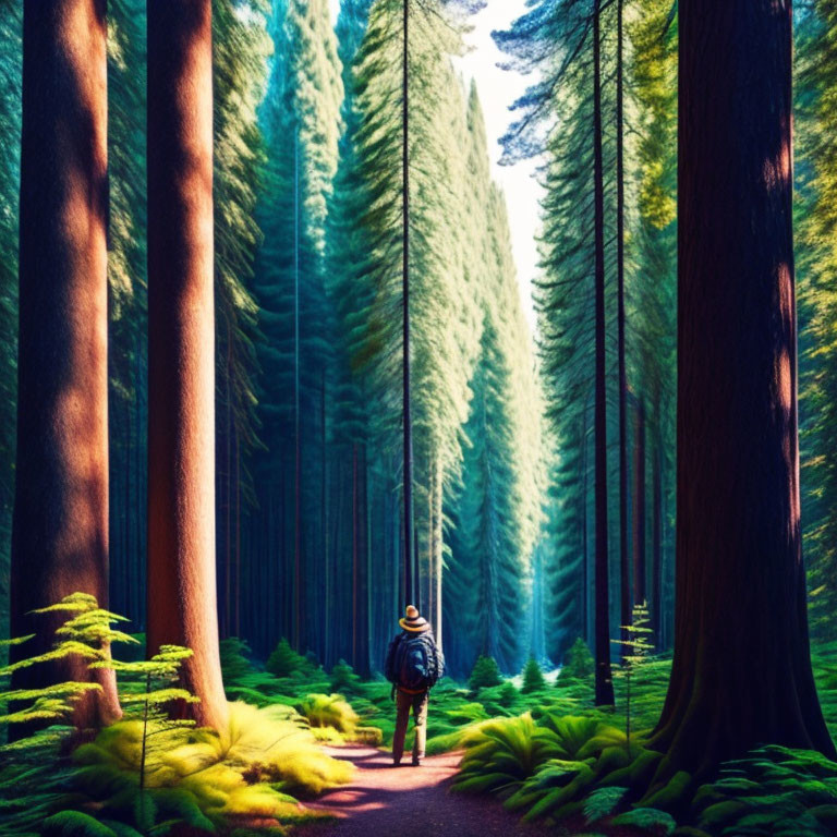 Person in hat walking on forest path among tall trees and ferns under sunlight.