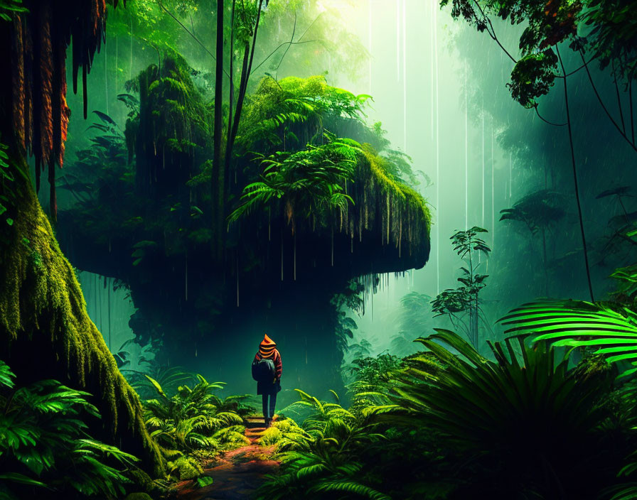 Person in Striped Shirt in Lush Green Forest with Floating Island