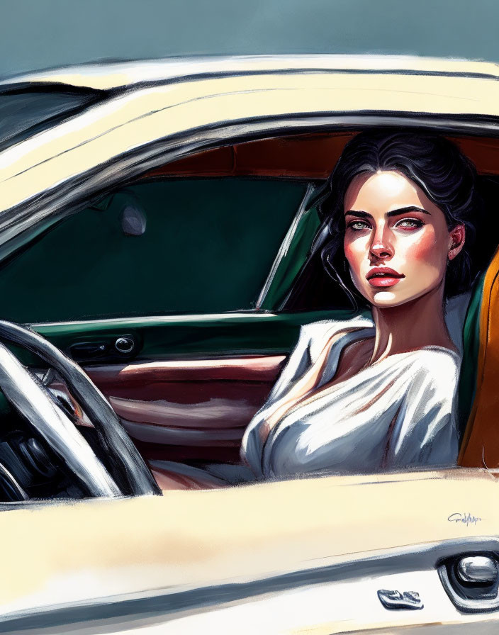 Stylized illustration: confident woman in vintage car interior