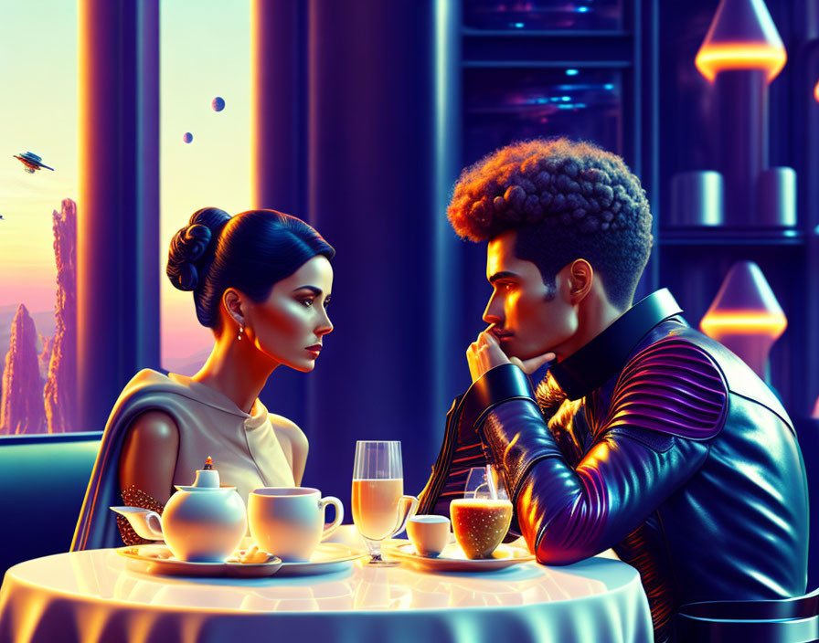 Futuristic stylized characters with teapots in cityscape scene