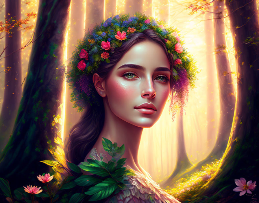 Digital Artwork: Woman with Floral Wreath in Enchanted Forest