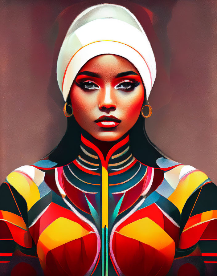 Colorful Geometric Outfit on Woman with Headscarf