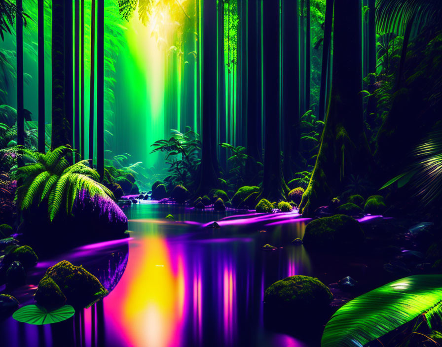 Neon-lit forest scene with purple river and green glow