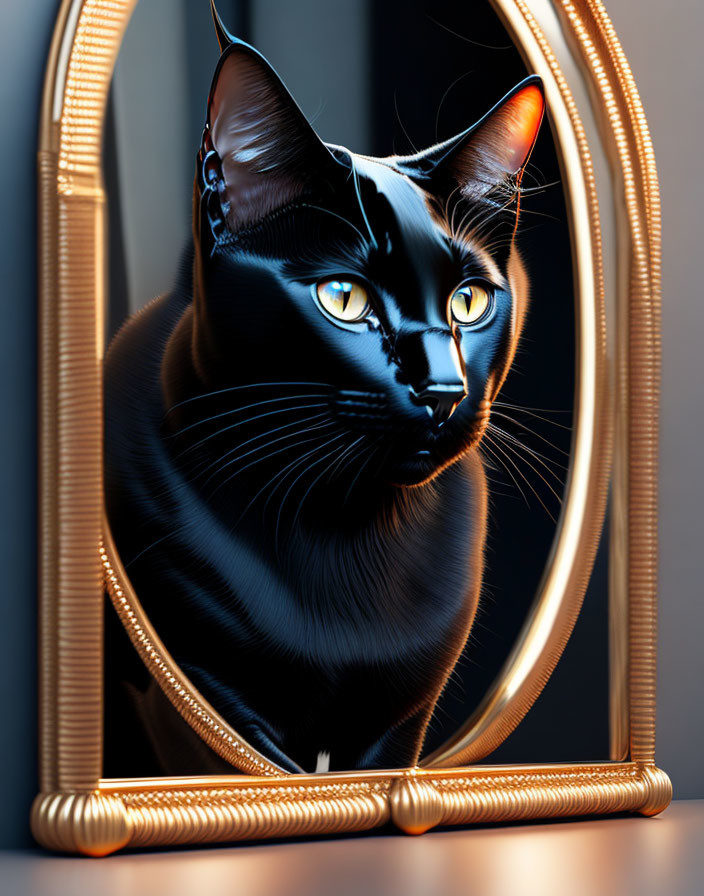 Black cat with yellow eyes in front of golden mirror