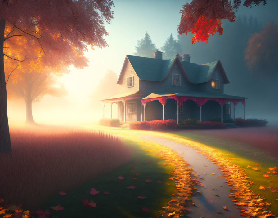 Cozy house in autumn setting with porch, fog, and fallen leaves