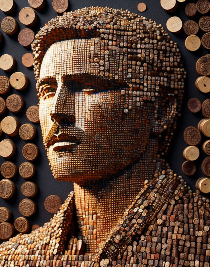 Textured Wooden Dowel Portrait of a Man on Dark Background