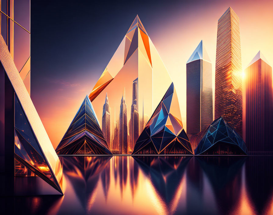 Vibrant geometric city skyline at sunset