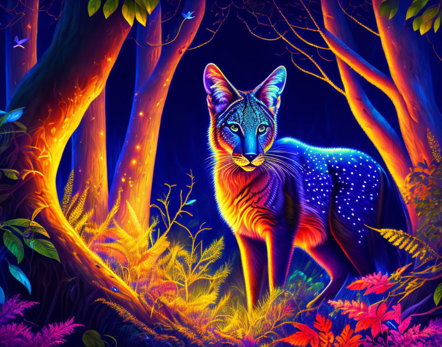 Mystical blue fox in enchanted forest at night