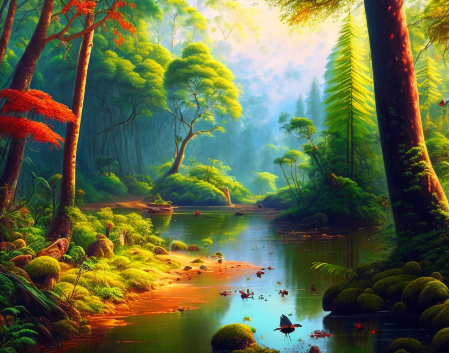 Tranquil forest river with sunlight, ducks, and vibrant foliage