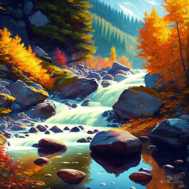 Forest stream with cascading waterfalls in autumn setting