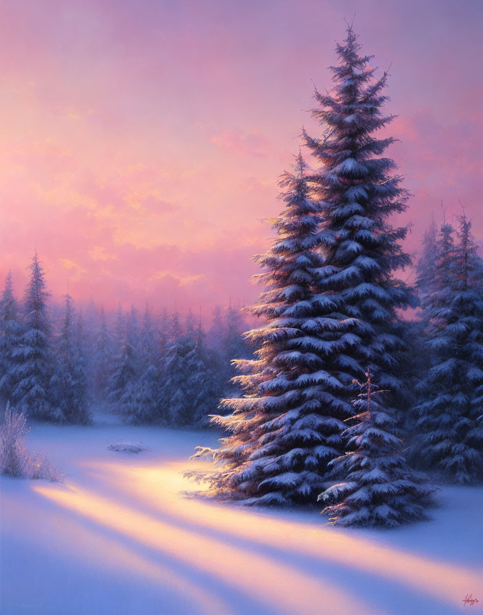 Snow-covered Evergreen Trees in Tranquil Winter Sunset