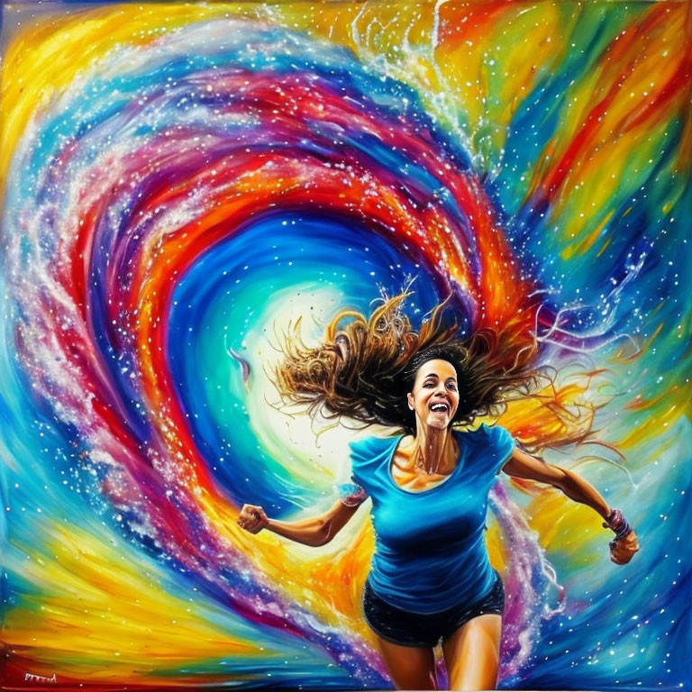 Joyful Woman Leaping Against Vibrant Cosmic Patterns