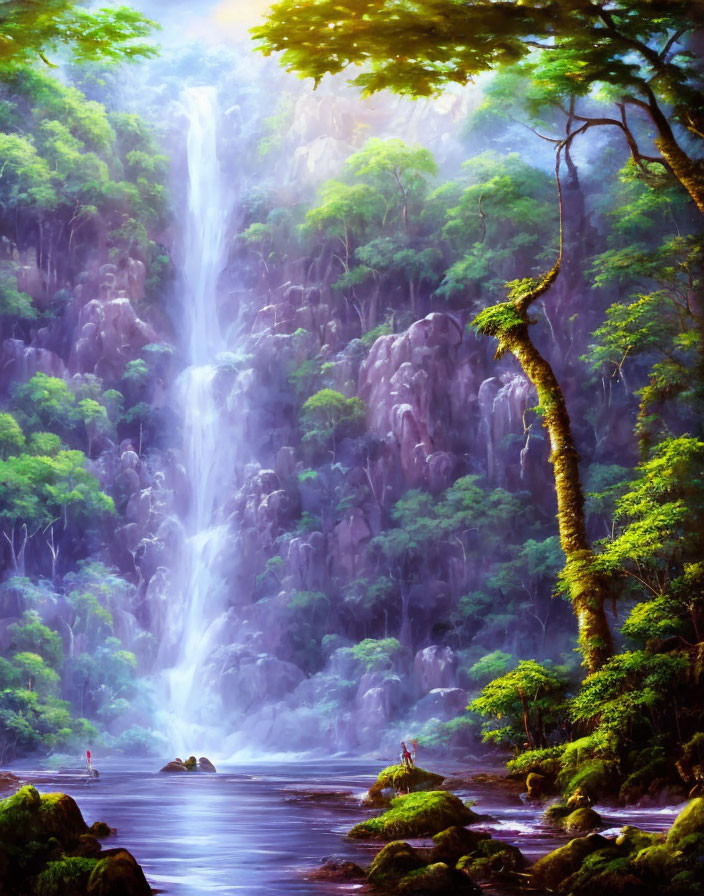 Tranquil waterfall in lush green setting