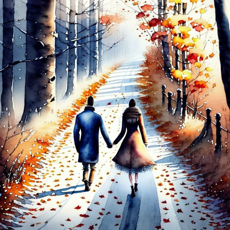 Watercolor painting: Couple walking from autumn to winter landscape