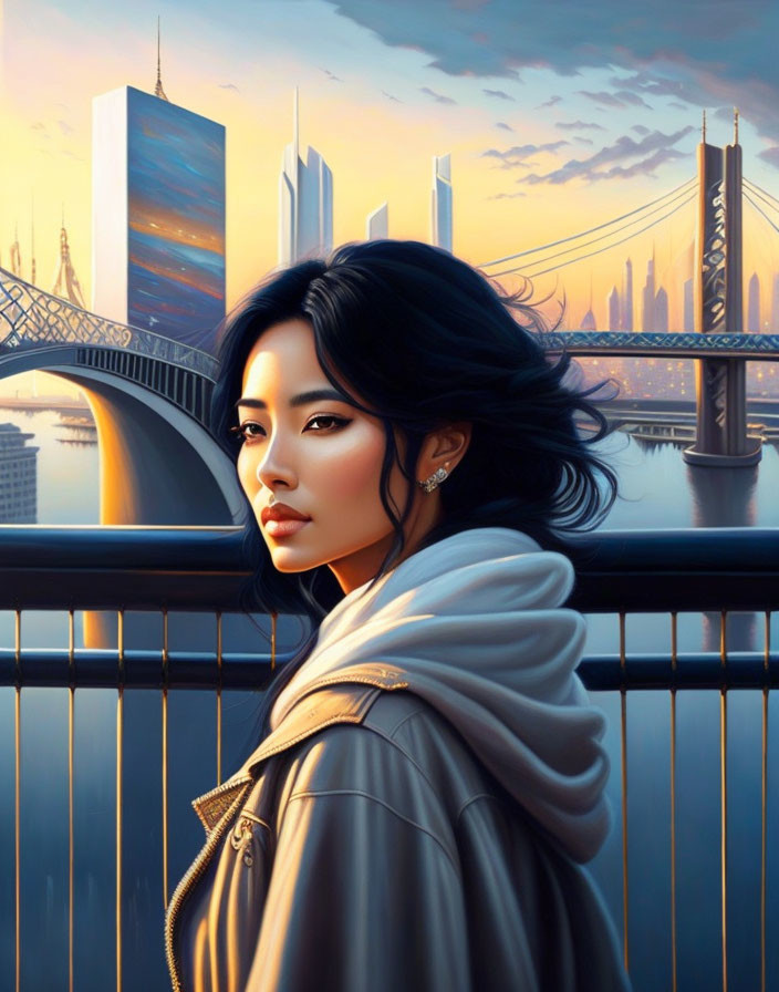 Asian woman on bridge with city skyline at sunset