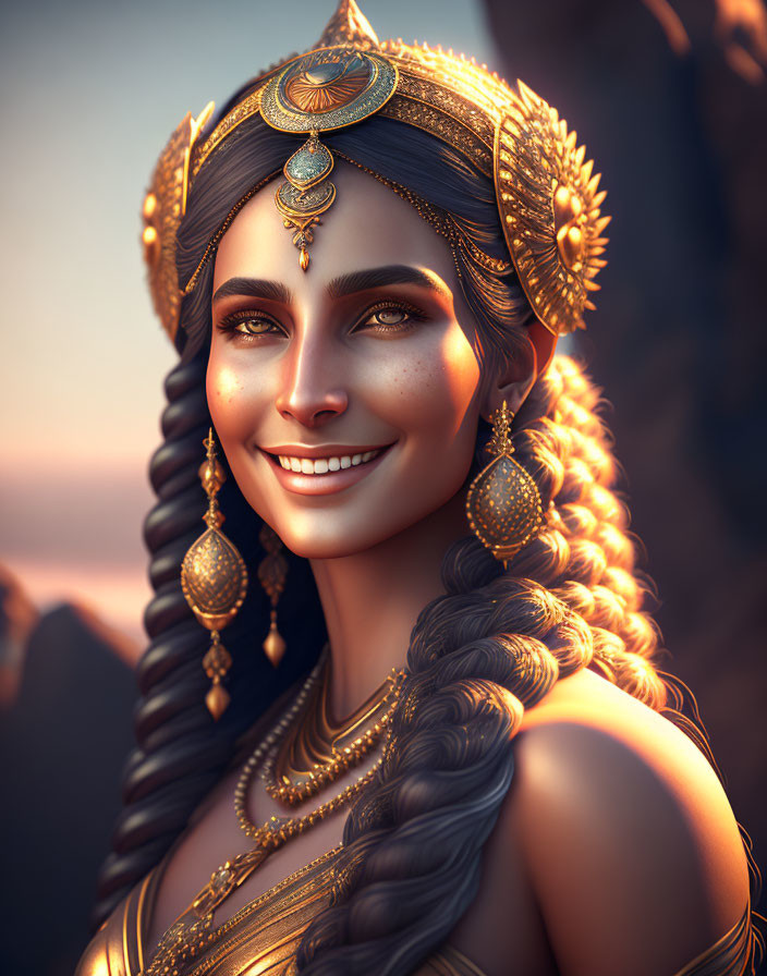 Smiling woman adorned with intricate gold jewelry