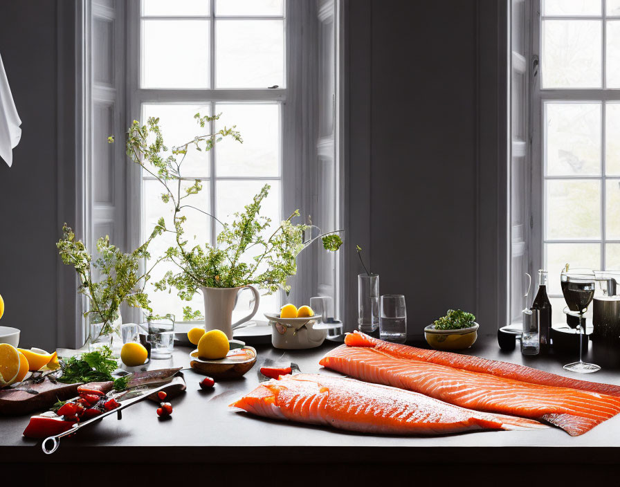 Bright Kitchen Scene with Fresh Salmon, Lemons, Herbs, Wine, and Wildflowers