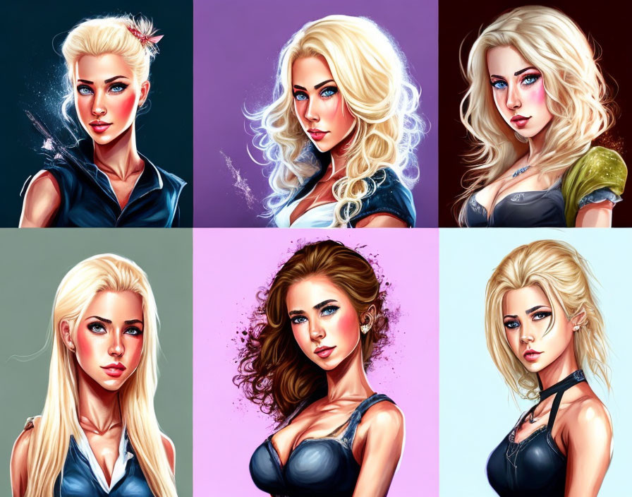 Six stylized woman portraits with diverse hairstyles and outfits on vibrant backgrounds