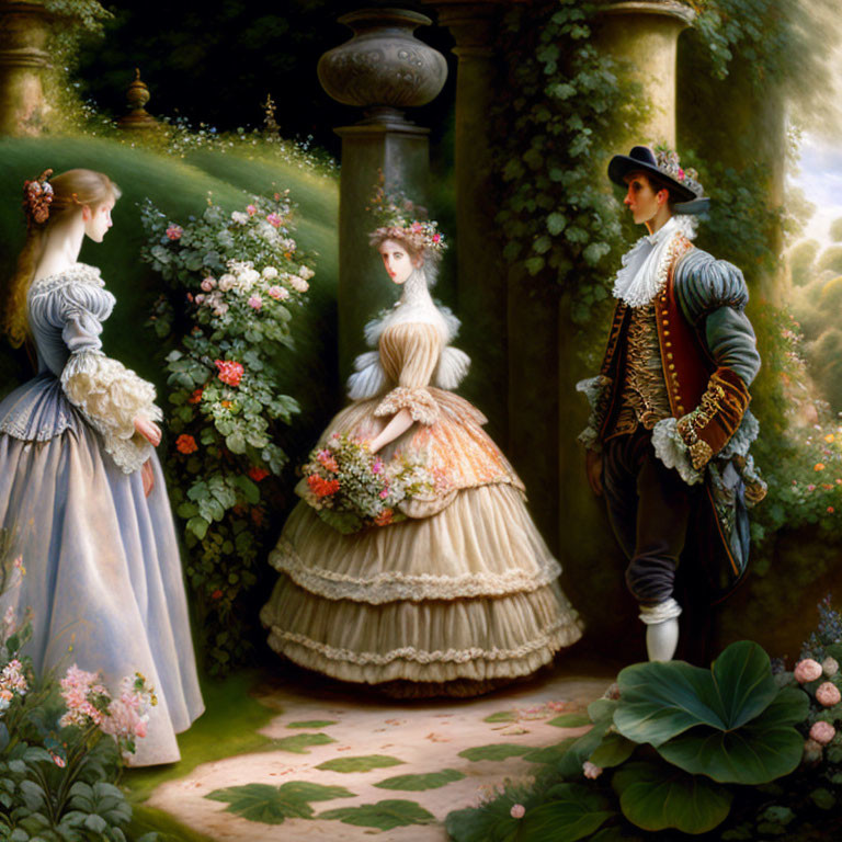 18th-Century Romantic Couple in Lush Garden