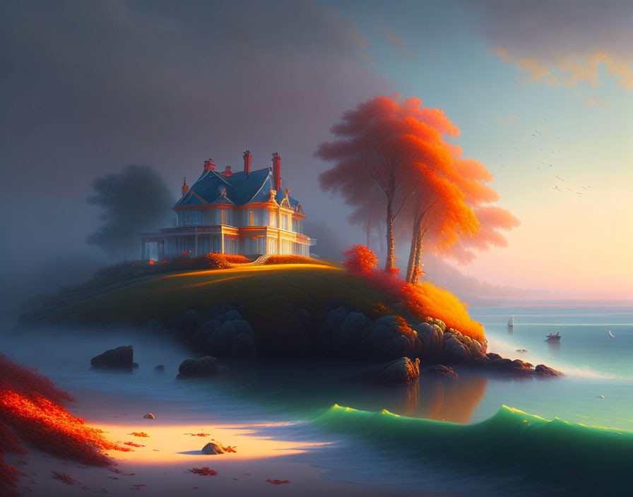 Victorian house on lush hill at twilight with glowing orange trees by calm sea.