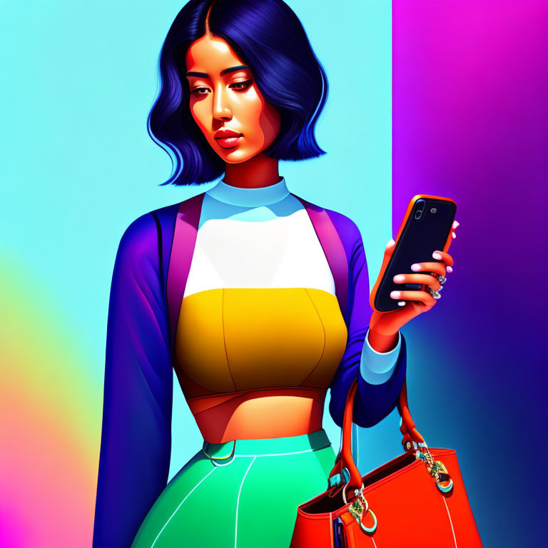 Colorful illustration: Woman with blue hair, smartphone, and red handbag on vibrant background