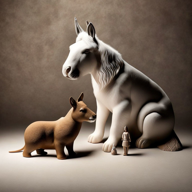 Surreal image: oversized dogs, tiny humans, brown backdrop