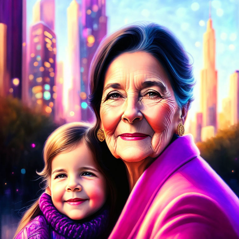 Elderly woman and young girl in cityscape portrait with warm clothing