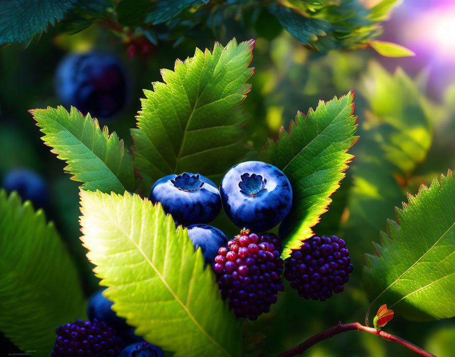 Fresh Blueberries and Blackberries on Sunlit Bush