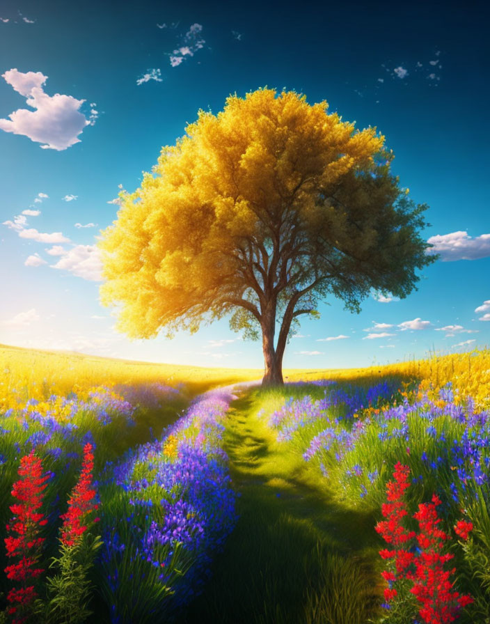 Colorful Landscape with Lone Tree and Wildflowers on Grassy Path