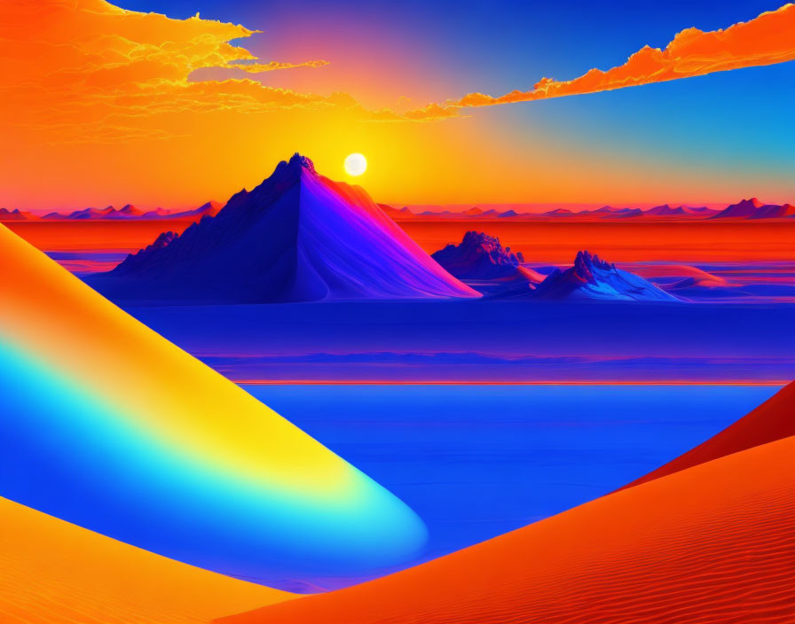 Surreal desert landscape: blue dunes, orange skies, setting sun