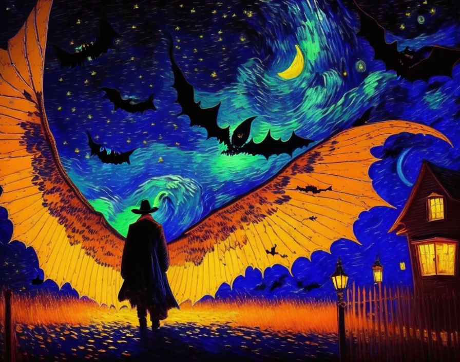 Cloaked figure in front of swirling night sky with bats and crescent moon.