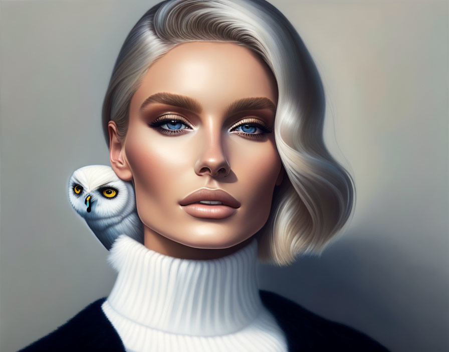 Portrait of woman with blue eyes, blonde hair, white turtleneck, and owl.