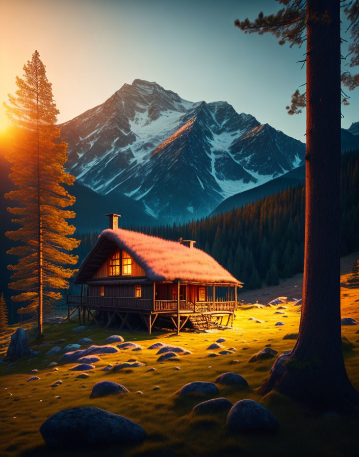 Cozy cabin with pink roof in forest at sunset with snow-capped mountains