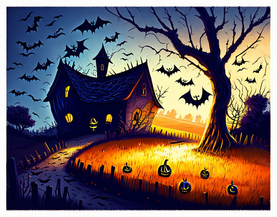 Spooky Halloween illustration: haunted house, gnarled tree, jack-o'-lanterns,