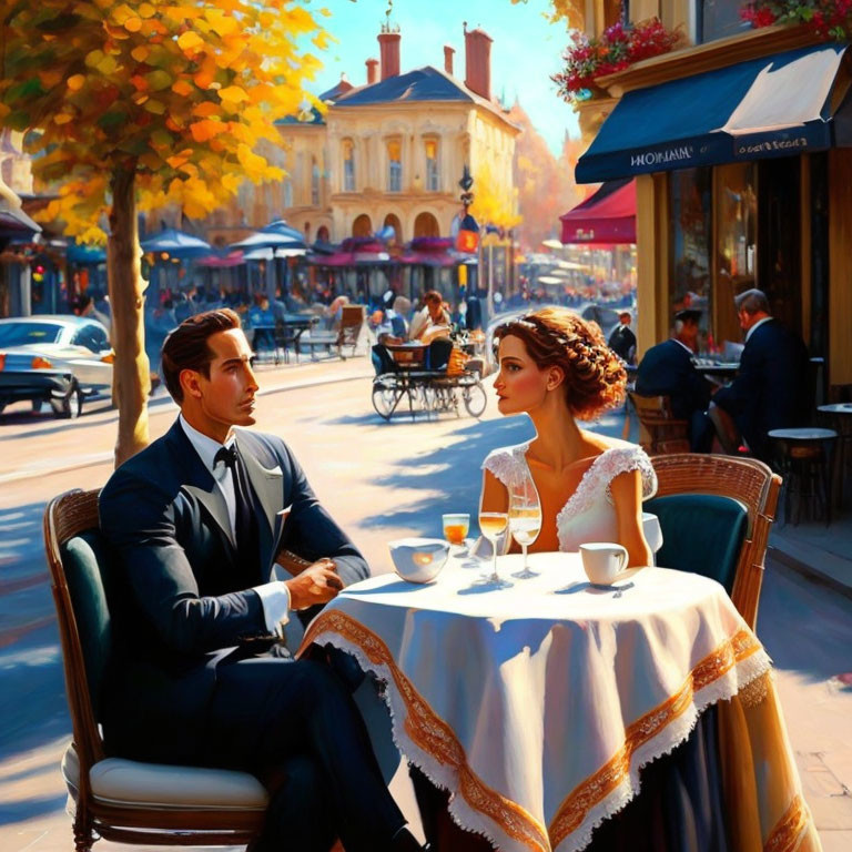 Man and woman in elegant attire at café table on sunlit autumn street.