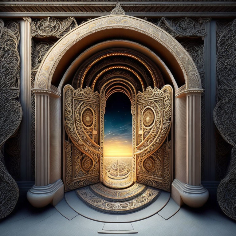 Elaborate Golden Door in Intricate Archway Under Twilight Sky