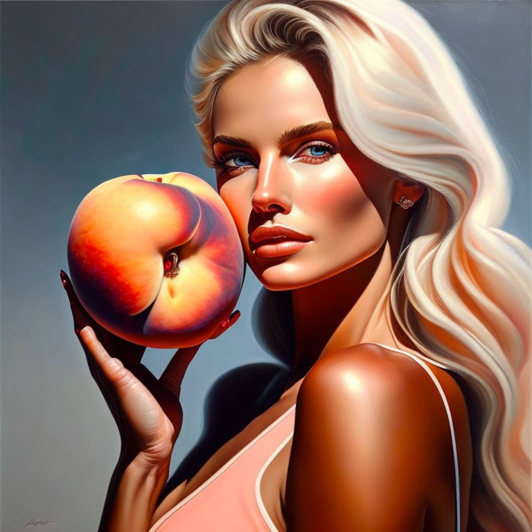 Blonde woman with peach: stylized portrait in blue eyes.