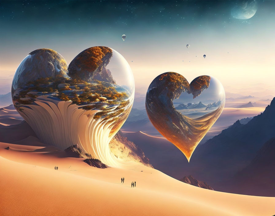 Surreal landscape with heart-shaped structures in desert under planetary sky