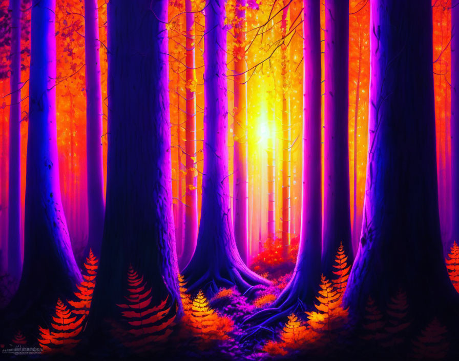 Surreal forest scene with blue trees, purple floor, and orange backdrop