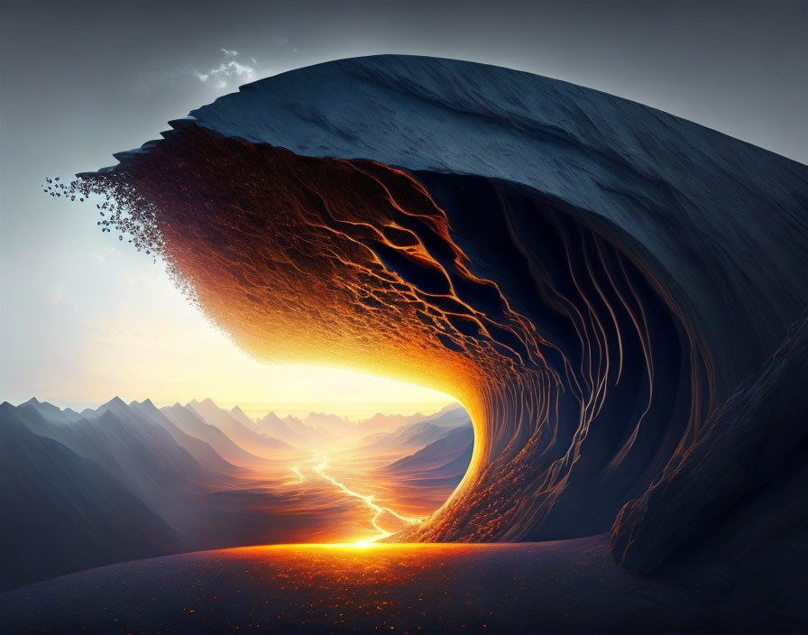 Surreal landscape with wave-like rock formation over glowing path